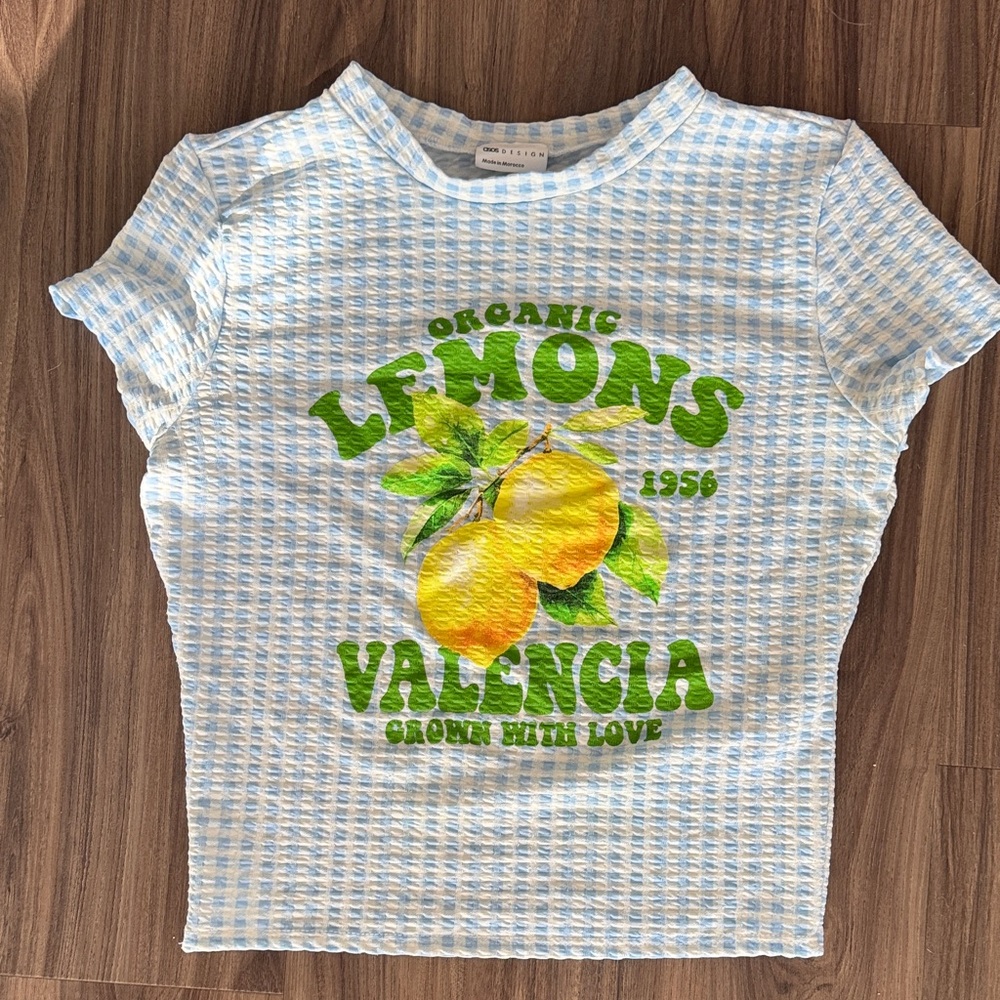 ASOS Light Blue Gingham Lemon Graphic Crop Top